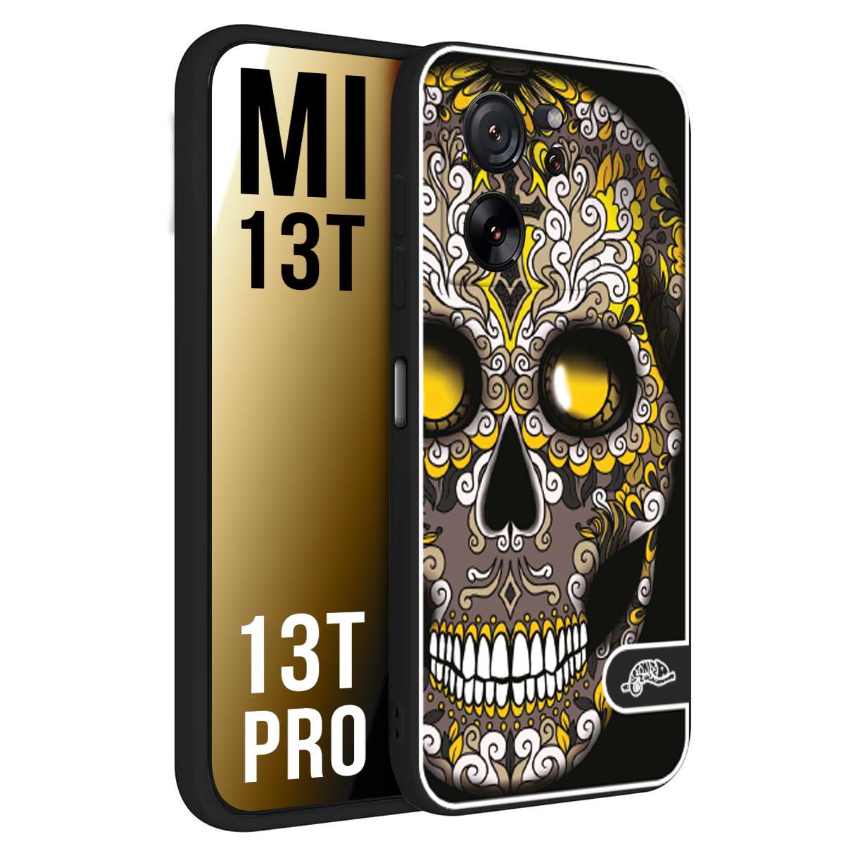 CUSTOMIZZA - Custodia cover nera morbida in tpu compatibile per Xiaomi 13T - 13T PRO teschio messicano Mexican skull nero giallo