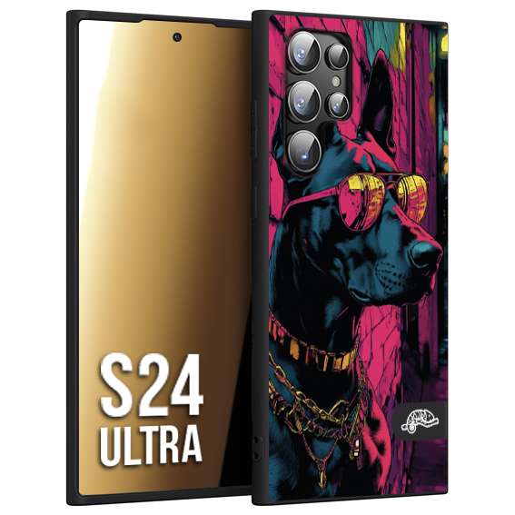 CUSTOMIZZA - Custodia cover nera morbida in tpu compatibile per Samsung S24 ULTRA animali cyberpunk dobermann cane street dog fucsia blu