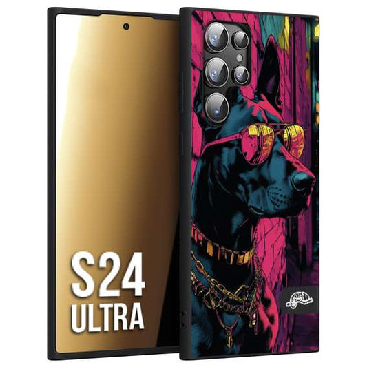 CUSTOMIZZA - Custodia cover nera morbida in tpu compatibile per Samsung S24 ULTRA animali cyberpunk dobermann cane street dog fucsia blu