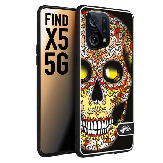 CUSTOMIZZA - Custodia cover nera morbida in tpu compatibile per Oppo Find X5 teschio messicano Mexican skull giallo rosso arancio