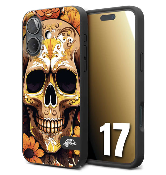 CUSTOMIZZA - Custodia cover nera morbida in tpu compatibile per iPhone 17 teschio messicano colorato dorato fiori tattoo disegnato