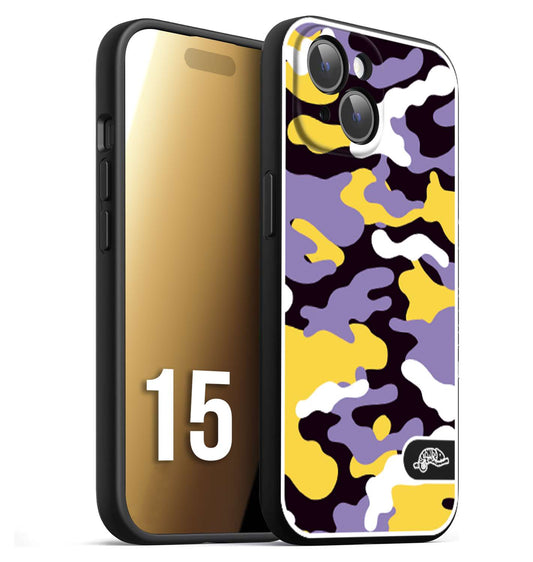 CUSTOMIZZA - Custodia cover nera morbida in tpu compatibile per iPhone 15 camouflage mimetico militare viola lilla giallo