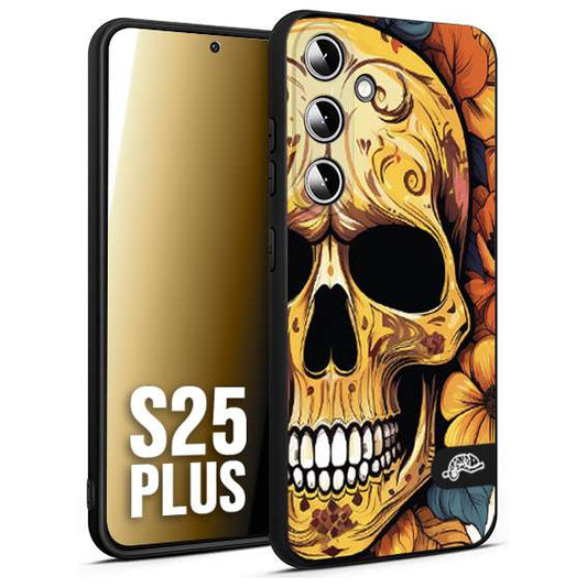 CUSTOMIZZA - Custodia cover nera morbida in tpu compatibile per Samsung S25 PLUS teschio messicano colorato dorato fiori autunnali disegnato