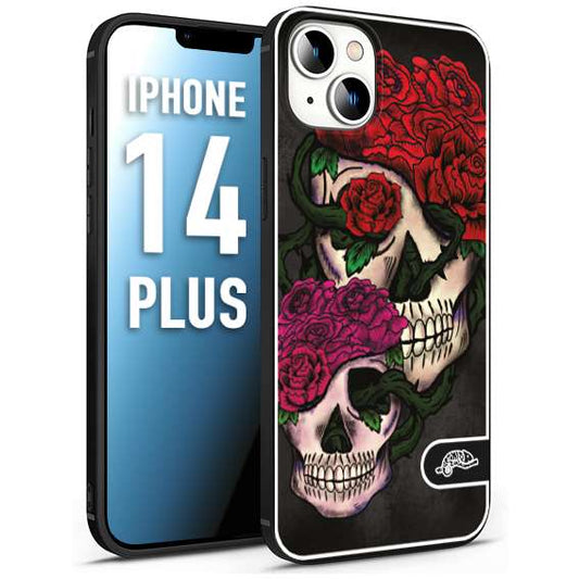 CUSTOMIZZA - Custodia cover nera morbida in tpu compatibile per iPhone 14 PLUS teschi e rose rosse fucsia skull and roses