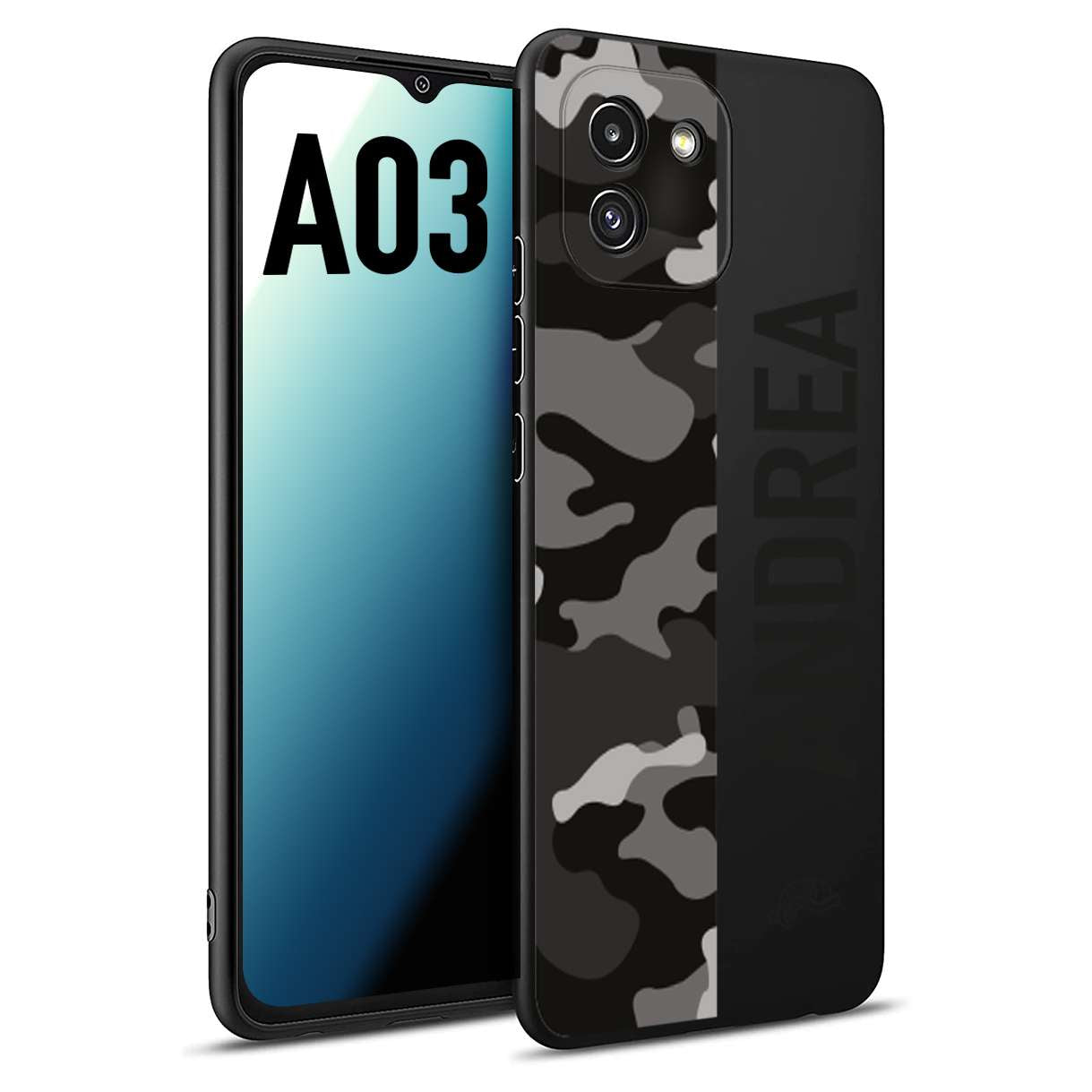 CUSTOMIZZA - Custodia cover nera morbida in tpu compatibile per Samsung A03 camouflage mimetico militare personalizzata nome