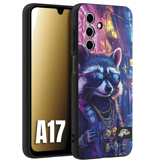 CUSTOMIZZA - Custodia cover nera morbida in tpu compatibile per Samsung A17 animali simpatici cyberpunk procione racoon street cat fucsia blu giallo