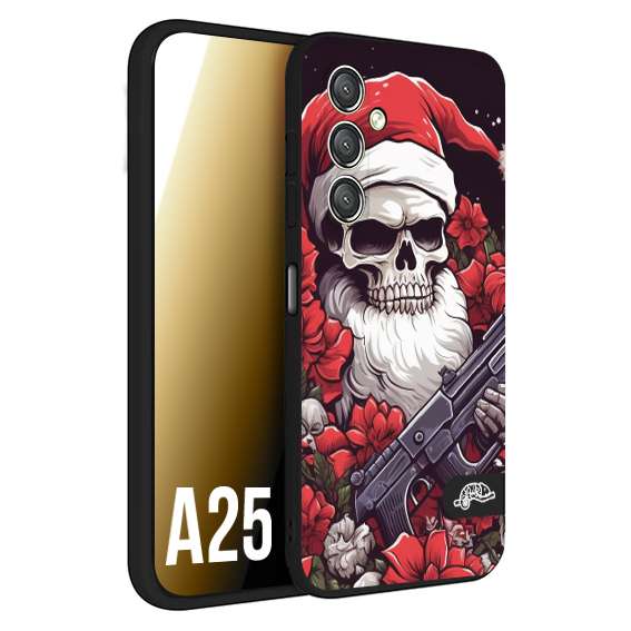 CUSTOMIZZA - Custodia cover nera morbida in tpu compatibile per Samsung A25 teschio natale santa claus fiori tattoo disegnato