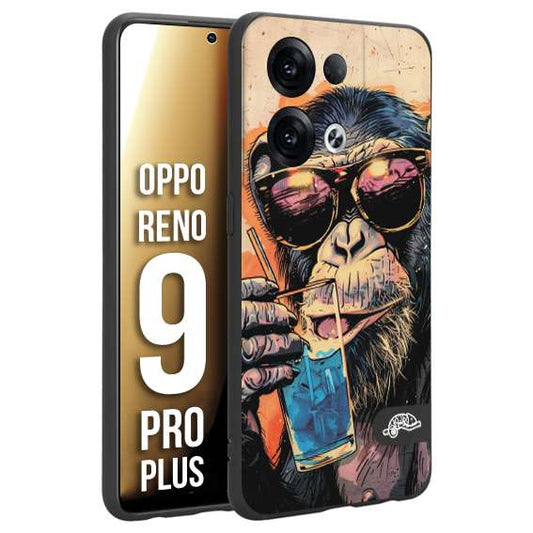 CUSTOMIZZA - Custodia cover nera morbida in tpu compatibile per Oppo Reno 9 PRO PLUS estate disegnata cocktails animali simpatici scimmia monkey negroni