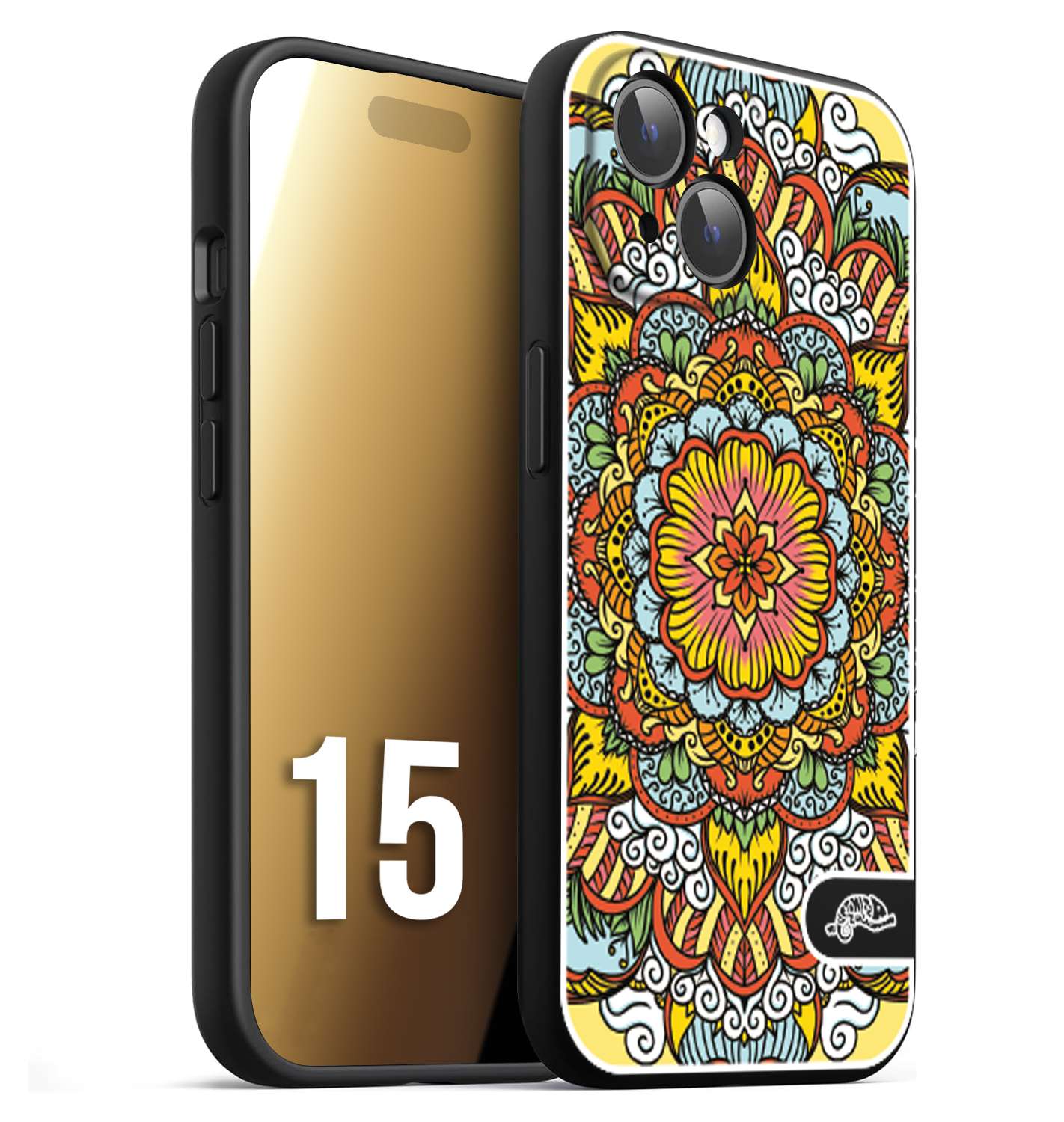 CUSTOMIZZA - Custodia cover nera morbida in tpu compatibile per iPhone 15 mandala colorato fiore nuvole arancione