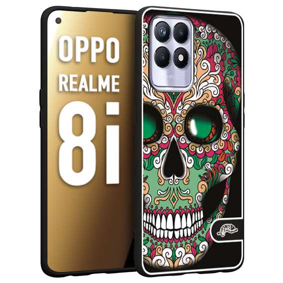 CUSTOMIZZA - Custodia cover nera morbida in tpu compatibile per Realme 8i teschio messicano Mexican skull verde fucsia