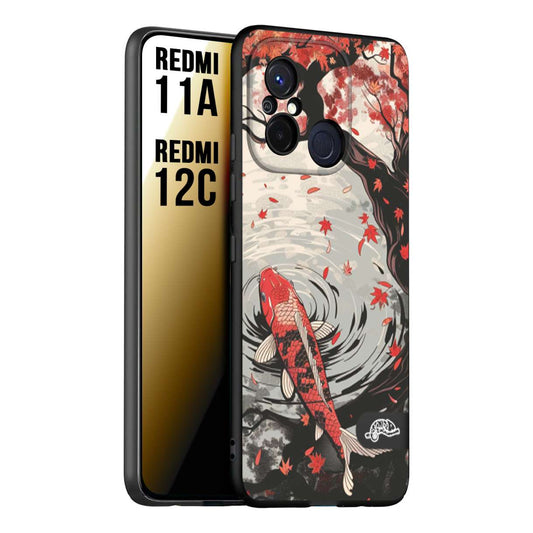 CUSTOMIZZA - Custodia cover nera morbida in tpu compatibile per Xiaomi Redmi 11A - 12C giapponese lago carpa koi rossa con foglie d'acero rosso disegnata tattoo