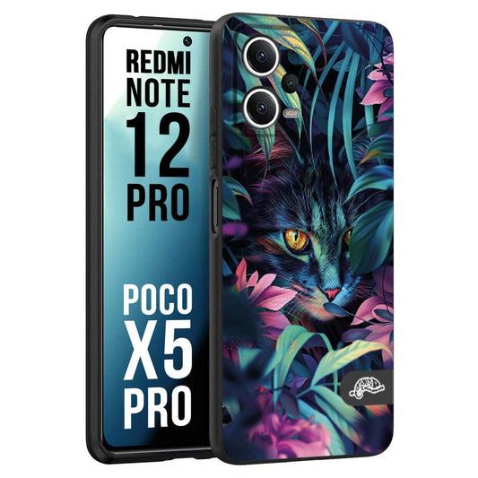 CUSTOMIZZA - Custodia cover nera morbida in tpu compatibile per Xiaomi Redmi Note 12 PRO - POCO X5 PRO animali color giungla tropicale occhio di gatto colori vibranti disegnato