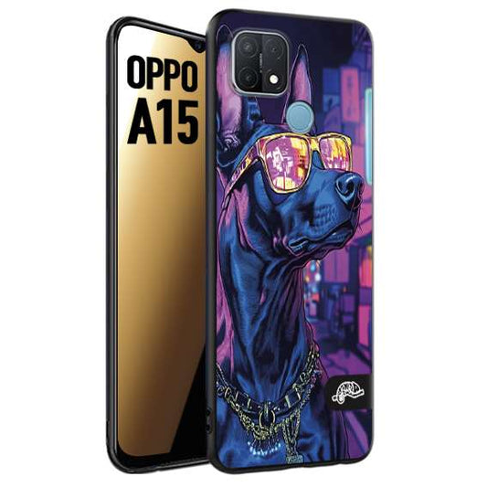 CUSTOMIZZA - Custodia cover nera morbida in tpu compatibile per Oppo A15 animali cyberpunk dobermann cane street dog fucsia blu night