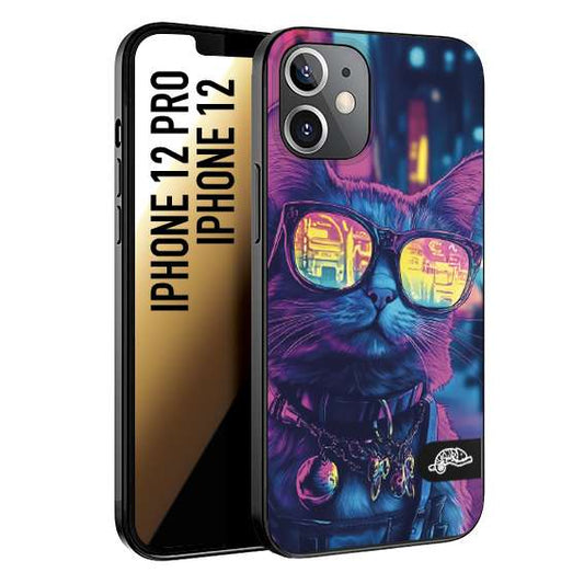 CUSTOMIZZA - Custodia cover nera morbida in tpu compatibile per iPhone 12 - 12 PRO animali cyberpunk gatto street cat fucsia blu giallo