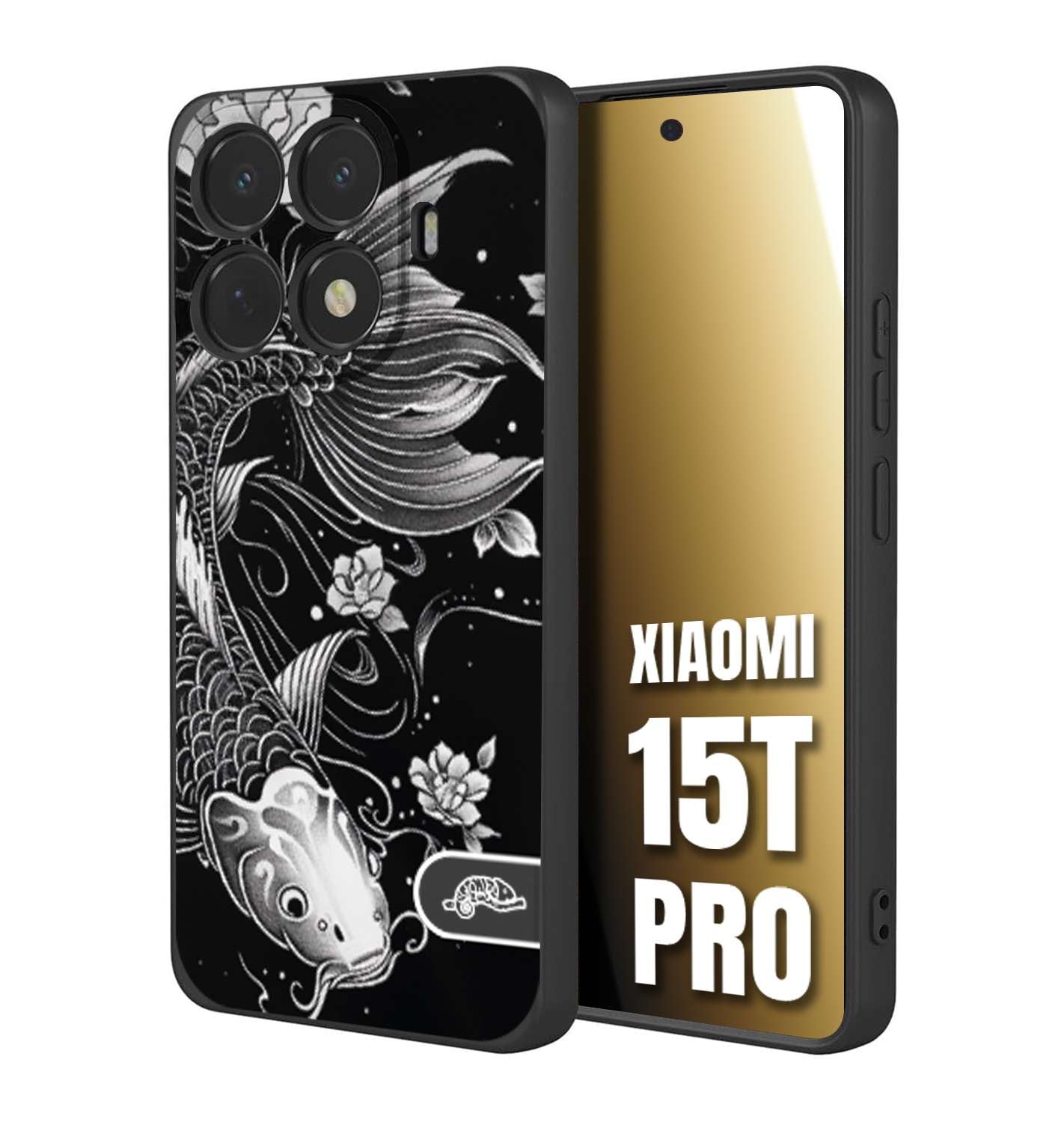 CUSTOMIZZA - Custodia cover nera morbida in tpu compatibile per Xiaomi 15T PRO carpa koi black and white bianco a rilievo disegnato tattoo tatuaggio