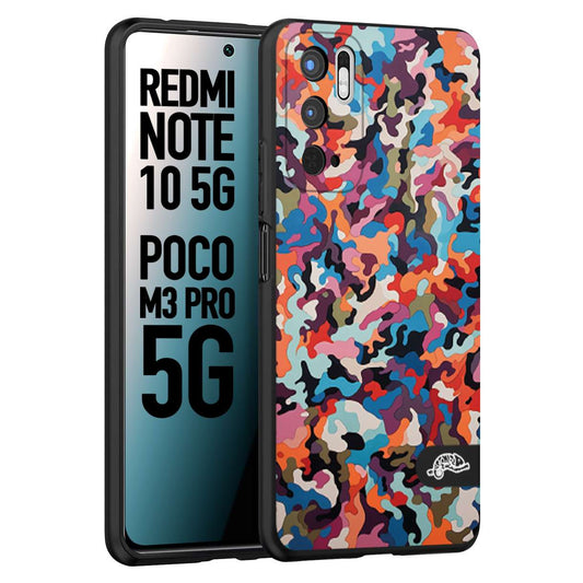 CUSTOMIZZA - Custodia cover nera morbida in tpu compatibile per Xiaomi Redmi Note 10 5G - Poco M3 Pro 5G camouflage mimetico militare moderno blu arancio rosa