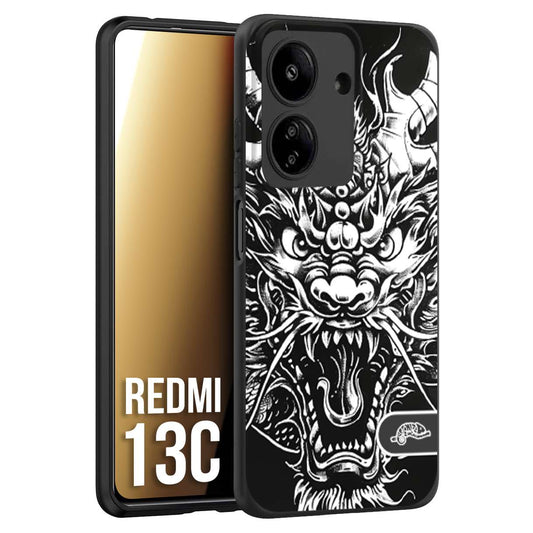 CUSTOMIZZA - Custodia cover nera morbida in tpu compatibile per Xiaomi Redmi 13C drago black and white bianco a rilievo disegnato tattoo tatuaggio