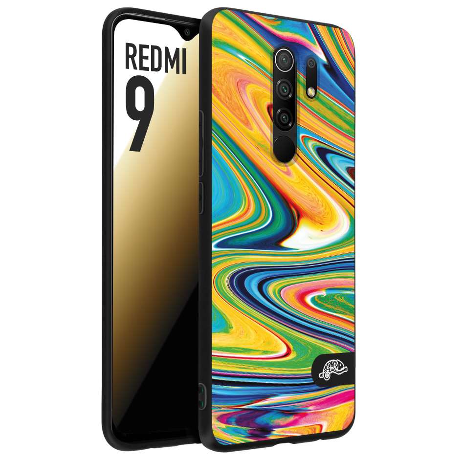 CUSTOMIZZA - Custodia cover nera morbida in tpu compatibile per Xiaomi Redmi 9 colorata fantasia vortice marmo arcobaleno gialla verde blu