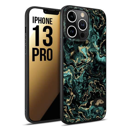 CUSTOMIZZA - Custodia cover nera morbida in tpu compatibile per iPhone 13 PRO effetto marmo marble verde green venature dorato pietra