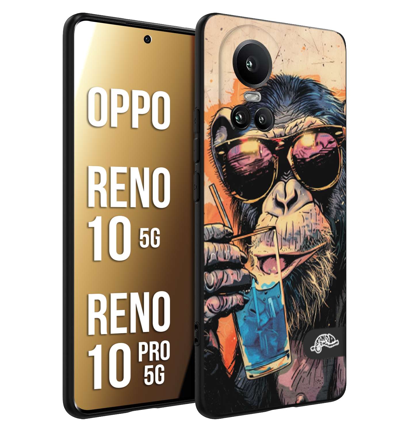 CUSTOMIZZA - Custodia cover nera morbida in tpu compatibile per Oppo Reno 10 5G - 10 PRO 5G estate disegnata cocktails animali simpatici scimmia monkey negroni