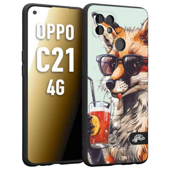 CUSTOMIZZA - Custodia cover nera morbida in tpu compatibile per Oppo Realme C21 4G estate disegnata cocktails animali simpatici fox volpe negroni