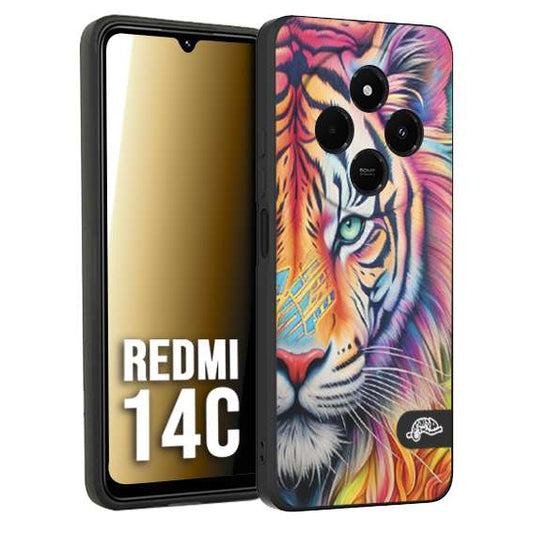 CUSTOMIZZA - Custodia cover nera morbida in tpu compatibile per Xiaomi Redmi 14C animali color tigre tiger viso colori vibranti disegnato schizzo