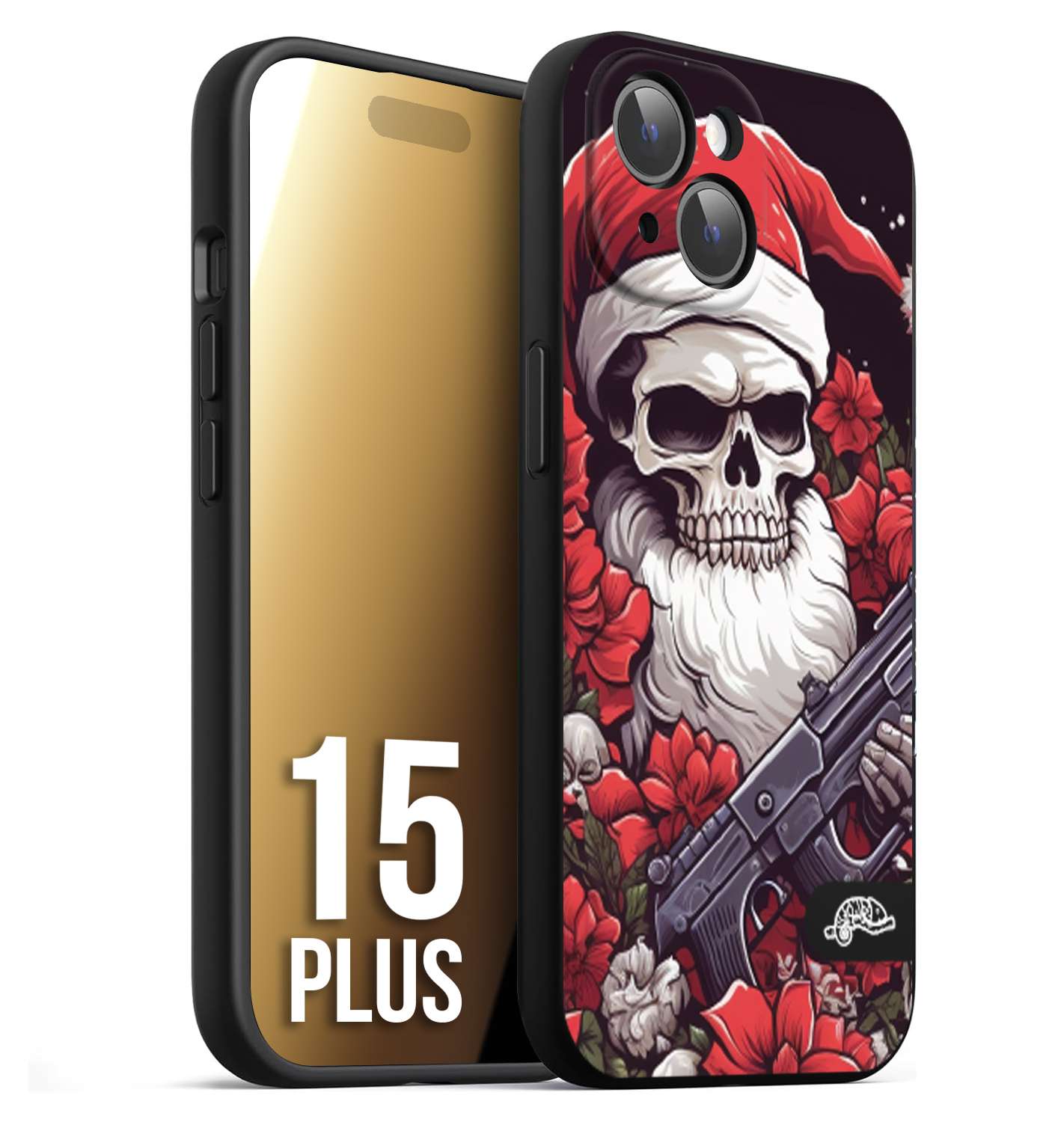 CUSTOMIZZA - Custodia cover nera morbida in tpu compatibile per iPhone 15 PLUS teschio natale santa claus fiori tattoo disegnato