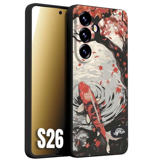 CUSTOMIZZA - Custodia cover nera morbida in tpu compatibile per Samsung S26 giapponese lago carpa koi rossa con foglie d'acero rosso disegnata tattoo