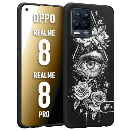 CUSTOMIZZA - Custodia cover nera morbida in tpu compatibile per Oppo Realme 8 - 8 PRO occhio fiori rombo geometrico black and white bianco a rilievo disegnato tattoo tatuaggio