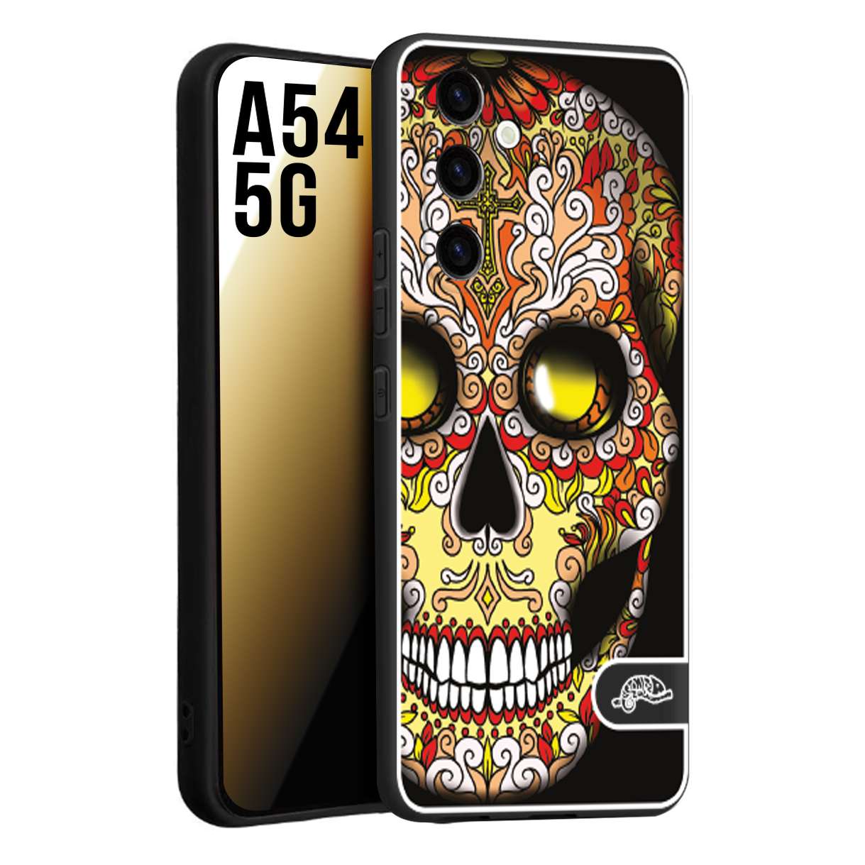 CUSTOMIZZA - Custodia cover nera morbida in tpu compatibile per Samsung A54 5G teschio messicano Mexican skull giallo rosso arancio