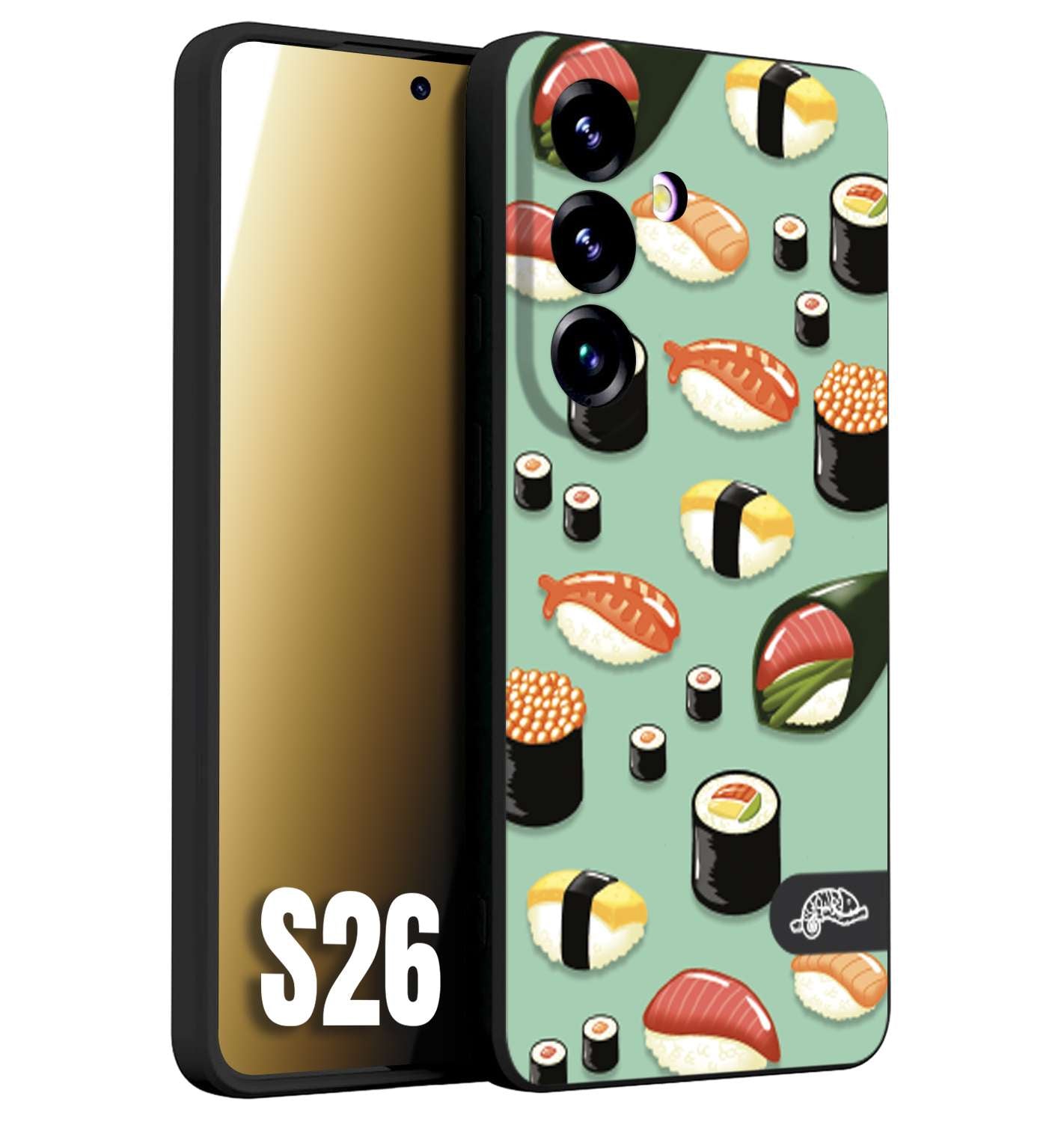 CUSTOMIZZA - Custodia cover nera morbida in tpu compatibile per Samsung S26 sushi disegni giapponese nighiri acquamarina verde