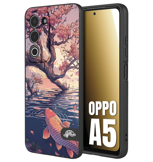 CUSTOMIZZA - Custodia cover nera morbida in tpu compatibile per Oppo A5 giapponese lago carpa koi rosa con foglie d'acero disegnata tattoo