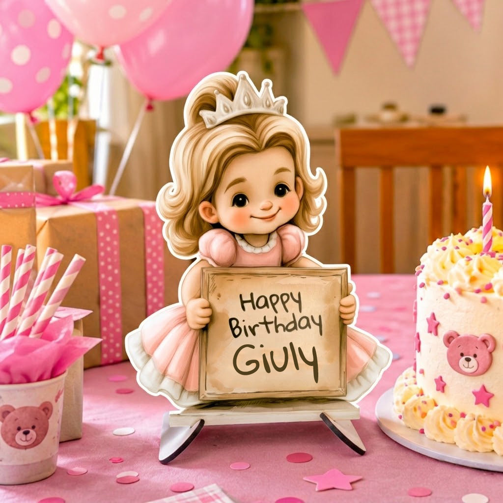 Quadro Sagomato in Legno MDF 4 mm Personalizzato con Nome per Foto Decorazione Torta e Tavolo Festa di Compleanno Fatto a Mano Design Principessa Rosa