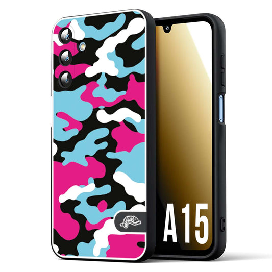 CUSTOMIZZA - Custodia cover nera morbida in tpu compatibile per Samsung A15 5G camouflage mimetico militare fucsia celeste