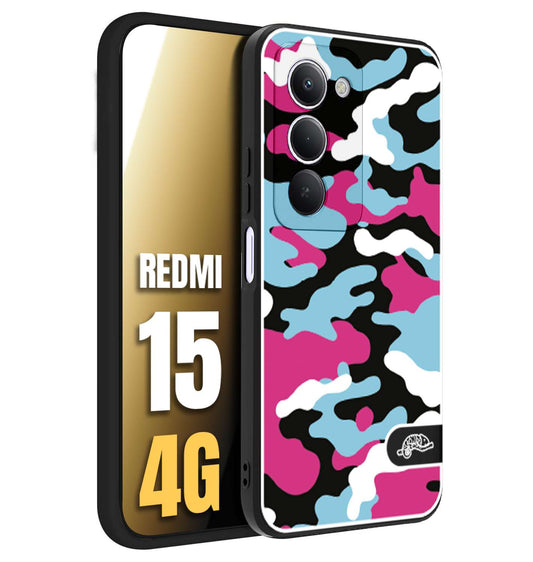 CUSTOMIZZA - Custodia cover nera morbida in tpu compatibile per Xiaomi Redmi 15 4G camouflage mimetico militare fucsia celeste