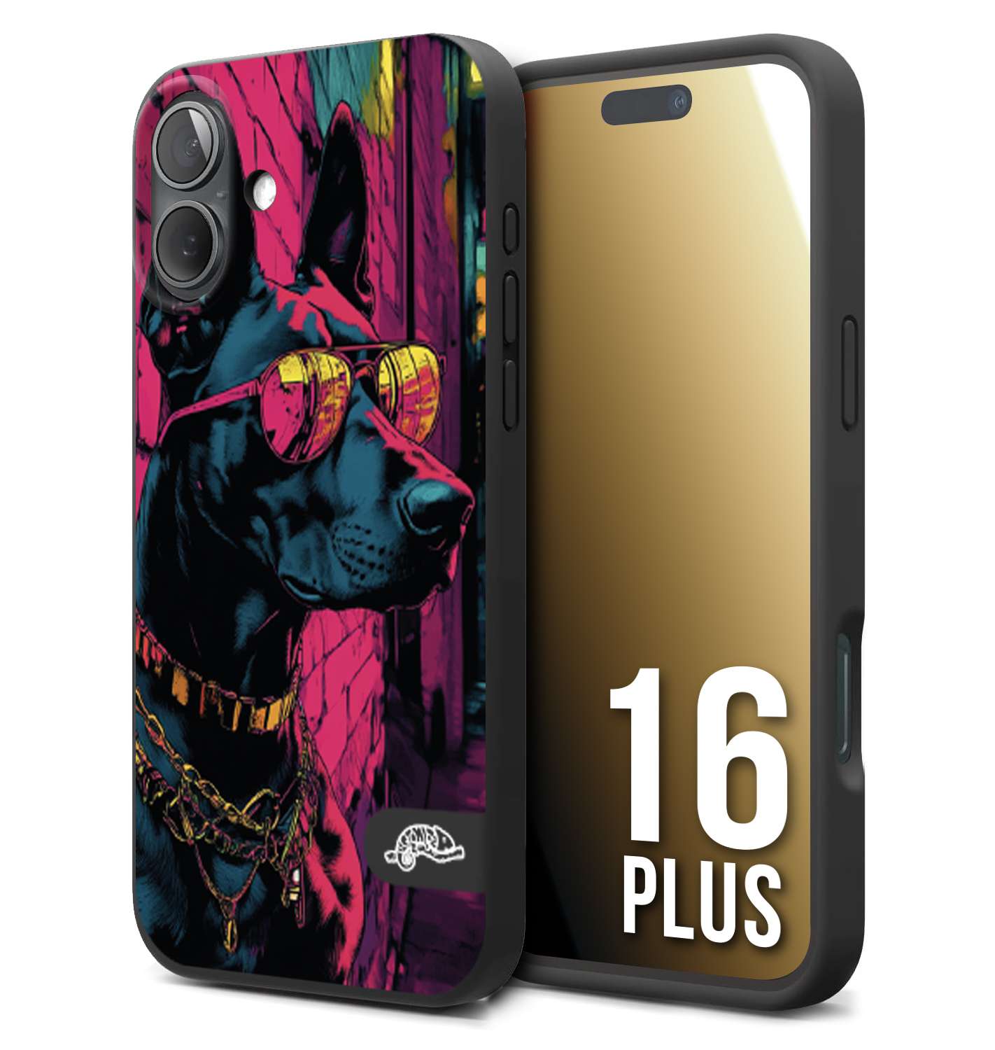 CUSTOMIZZA - Custodia cover nera morbida in tpu compatibile per iPhone 16 PLUS animali cyberpunk dobermann cane street dog fucsia blu