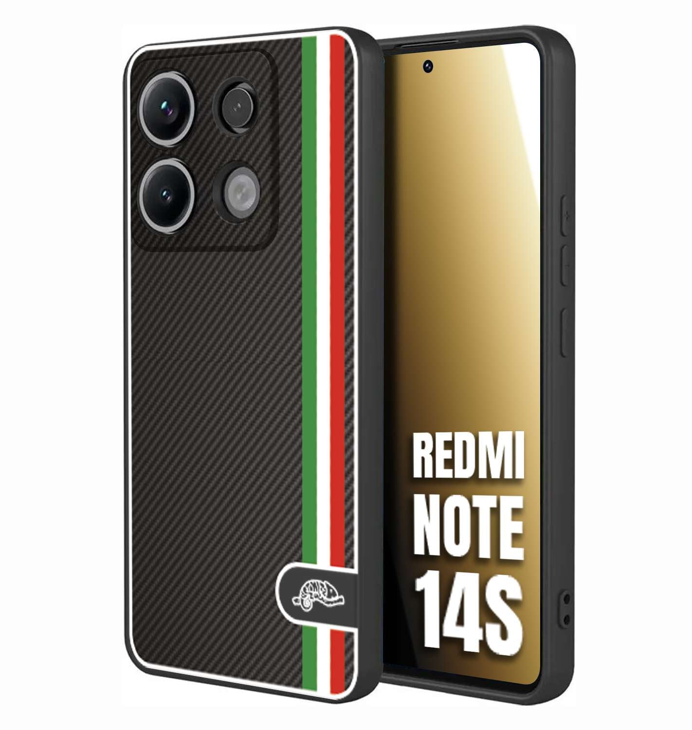CUSTOMIZZA - Custodia cover nera morbida in tpu compatibile per Xiaomi Redmi Note 14S effetto fibra di carbonio bandiera Italia made in Italy