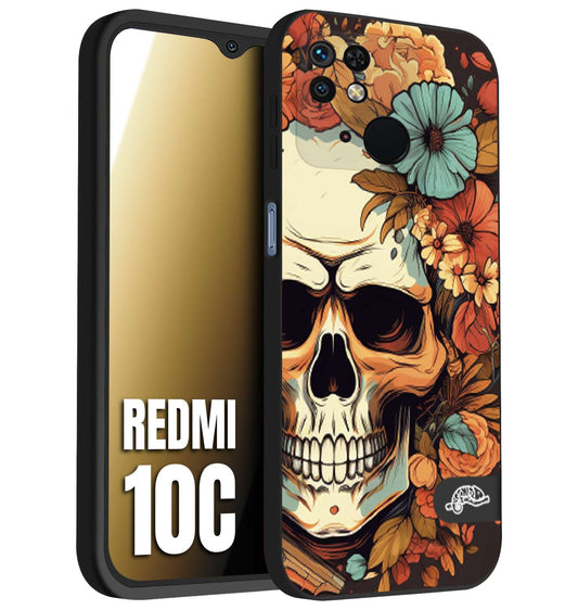 CUSTOMIZZA - Custodia cover nera morbida in tpu compatibile per Xiaomi Redmi 10C teschio skull flowers fiori autunnali arancio celeste tattoo