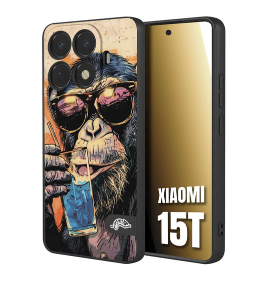 CUSTOMIZZA - Custodia cover nera morbida in tpu compatibile per Xiaomi 15T estate disegnata cocktails animali simpatici scimmia monkey negroni