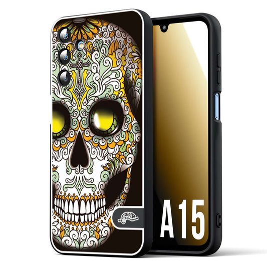 CUSTOMIZZA - Custodia cover nera morbida in tpu compatibile per Samsung A15 5G teschio messicano Mexican skull bianco verde giallo