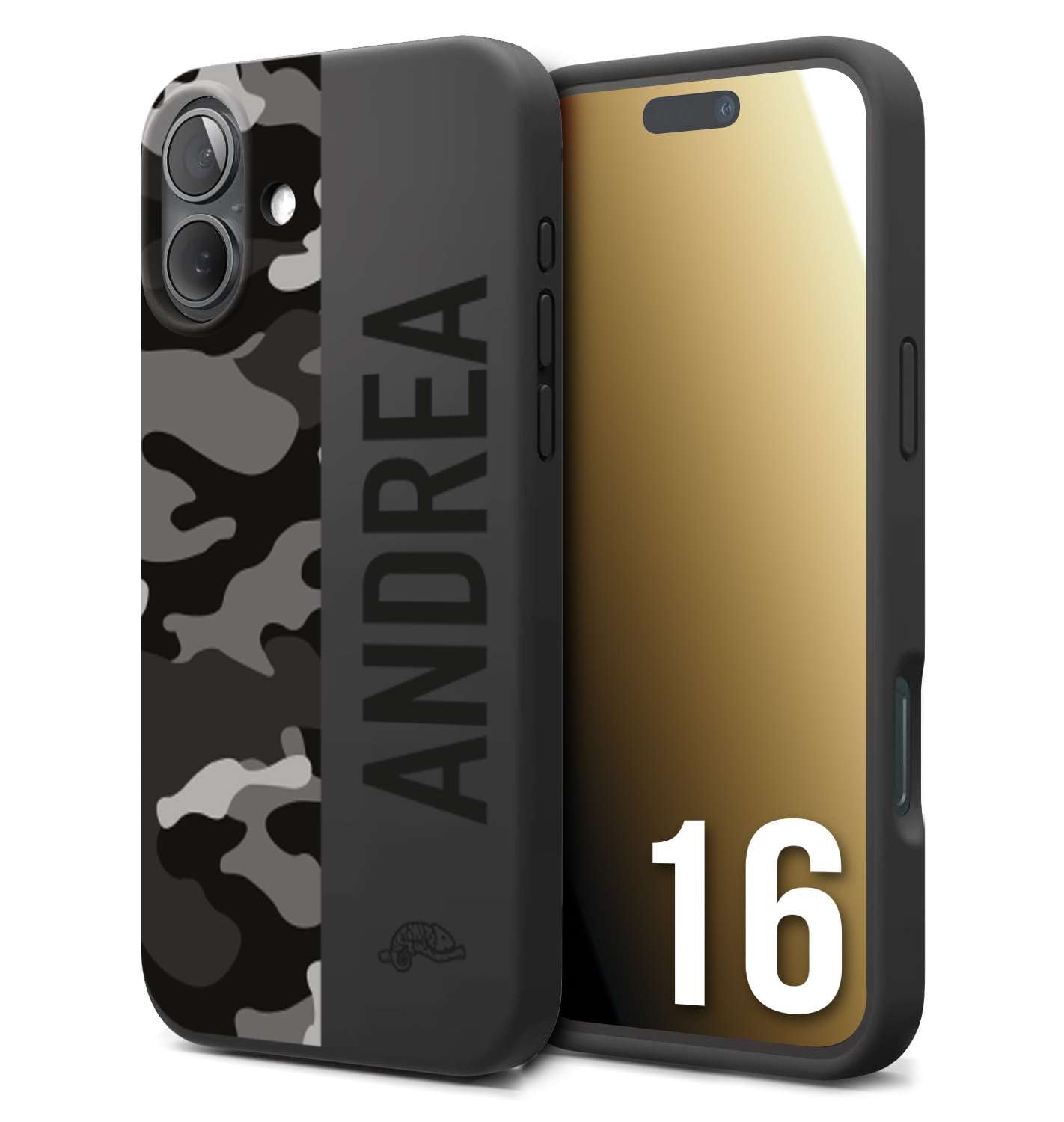 CUSTOMIZZA - Custodia cover nera morbida in tpu compatibile per iPhone 16 camouflage mimetico militare personalizzata nome