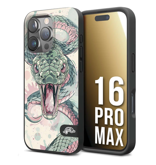 CUSTOMIZZA - Custodia cover nera morbida in tpu compatibile per iPhone 16 PRO MAX snake pink green serpente tatuaggio tattoo disegnato a mano