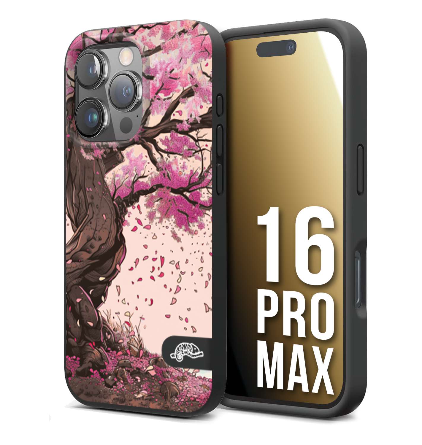 CUSTOMIZZA - Custodia cover nera morbida in tpu compatibile per iPhone 16 PRO MAX giapponese colori morbidi fiori di ciliegio rosa disegnata