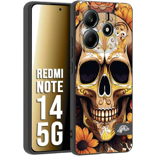 CUSTOMIZZA - Custodia cover nera morbida in tpu compatibile per Xiaomi Redmi Note 14 5G teschio messicano colorato dorato fiori tattoo disegnato