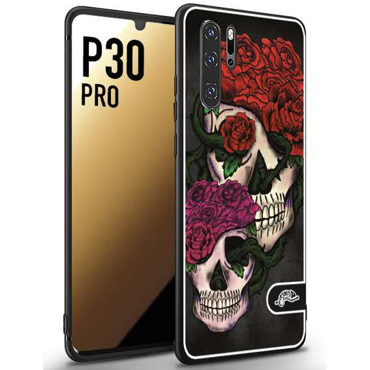 CUSTOMIZZA - Custodia cover nera morbida in tpu compatibile per Huawei P30 PRO teschi e rose rosse fucsia skull and roses
