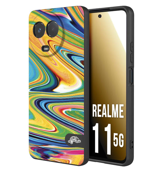 CUSTOMIZZA - Custodia cover nera morbida in tpu compatibile per Realme 11 5G colorata fantasia vortice marmo arcobaleno gialla verde blu