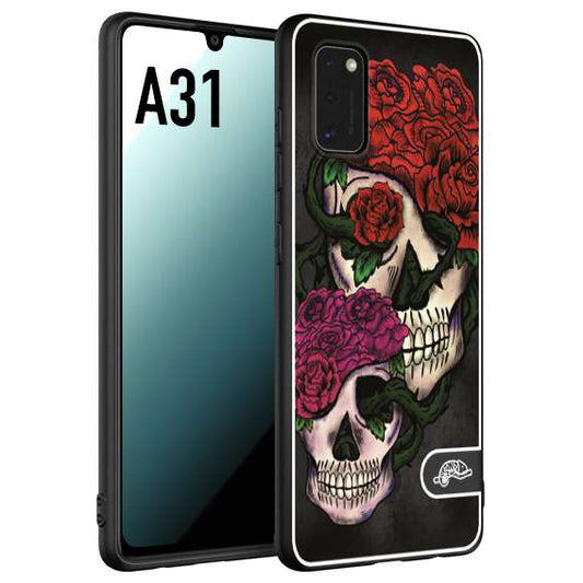 CUSTOMIZZA - Custodia cover nera morbida in tpu compatibile per Samsung A31 teschi e rose rosse fucsia skull and roses
