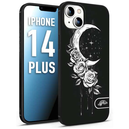 CUSTOMIZZA - Custodia cover nera morbida in tpu compatibile per iPhone 14 PLUS luna e fiori moon flowers black and white bianco a rilievo disegnato tattoo tatuaggio