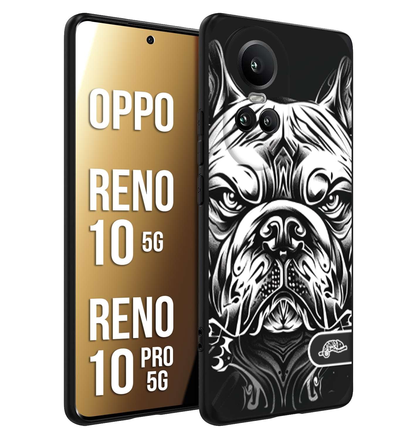 CUSTOMIZZA - Custodia cover nera morbida in tpu compatibile per Oppo Reno 10 5G - 10 PRO 5G bulldog bianco a rilievo disegnato tattoo tatuaggio