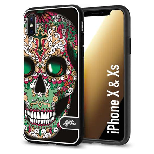 CUSTOMIZZA - Custodia cover nera morbida in tpu compatibile per iPhone X - Xs teschio messicano Mexican skull verde fucsia